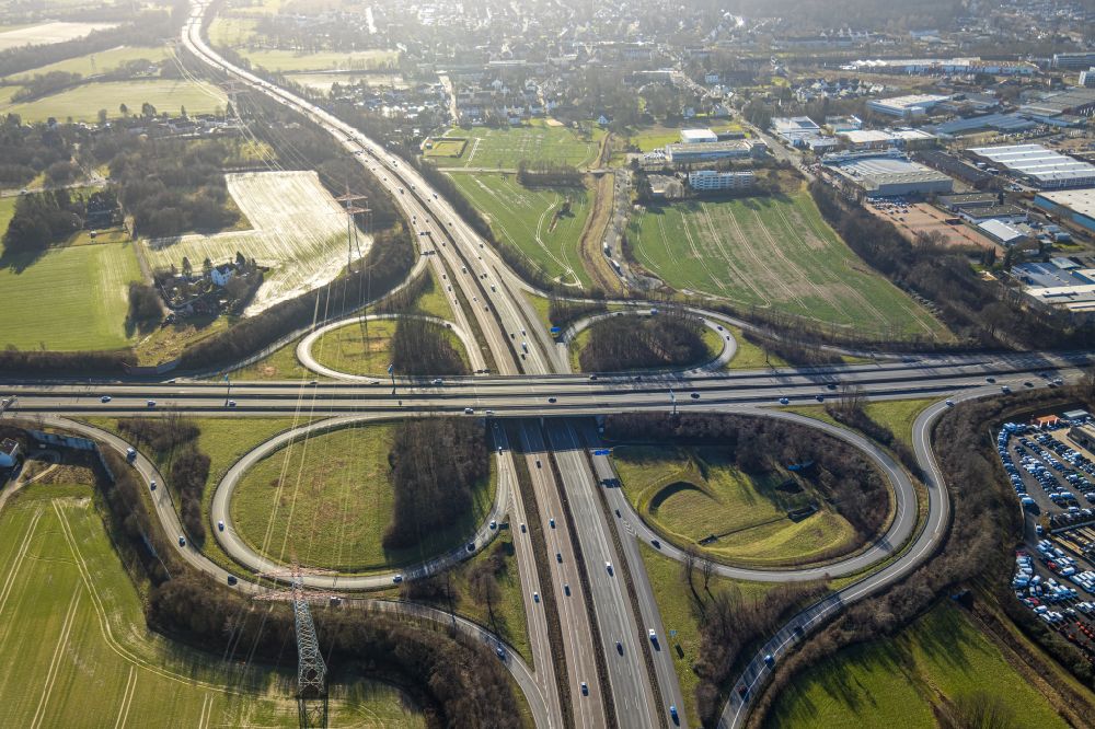 Dortmund from above - traffic flow at the intersection- motorway A40 - 45 Kreuz Dortmund-West in form of cloverleaf in the district Oespel in Dortmund in the state North Rhine-Westphalia, Germany