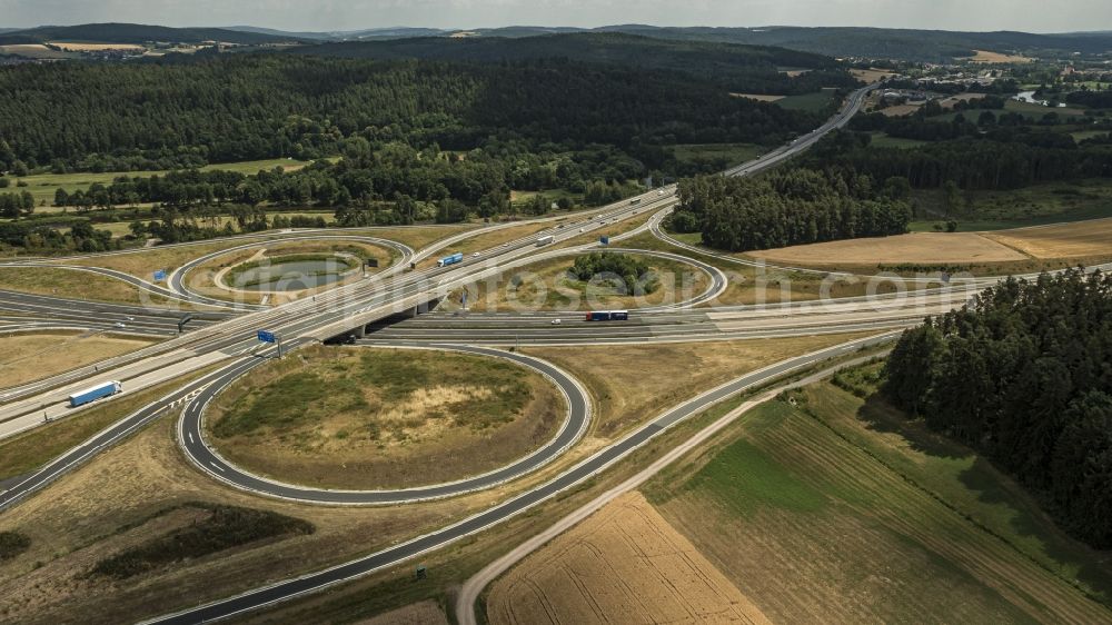 Aerial photograph Wernberg-Köblitz - Traffic flow at the intersection- motorway A93 Kreuz Oberpfaelzer Wald in form of cloverleaf in Wernberg-Koeblitz in the state Bavaria, Germany