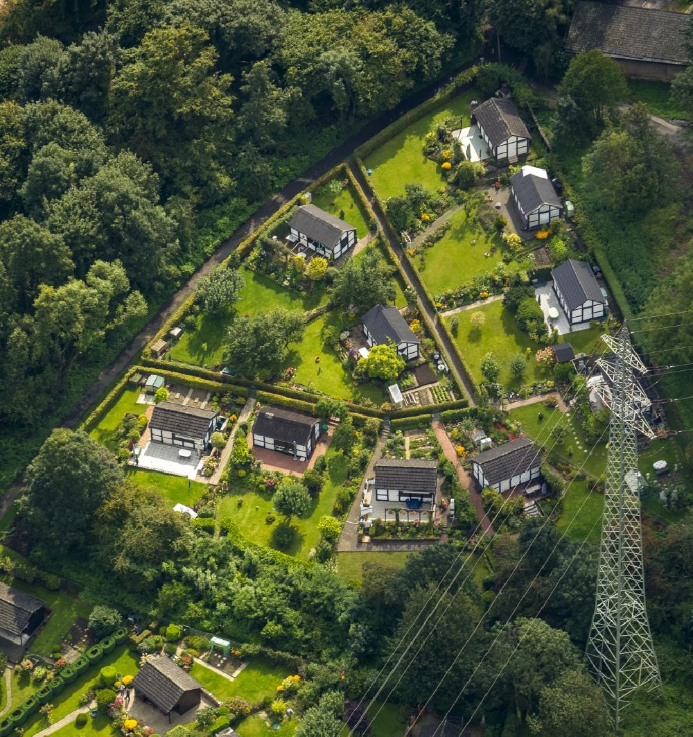 Aerial photograph Essen - View of an allotment garden area on the street Reuenberg in Essen in the state North Rhine-Westphalia. High-voltage lines runs over a high-voltage pole in the middle of the area