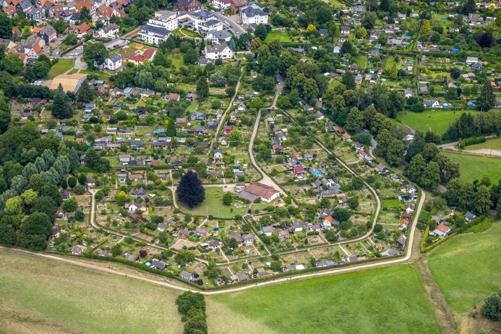 Schwerte from above - Allotment gardens and cottage settlement Im Reiche of Wassers in the district Villigst in Schwerte at Ruhrgebiet in the state North Rhine-Westphalia, Germany