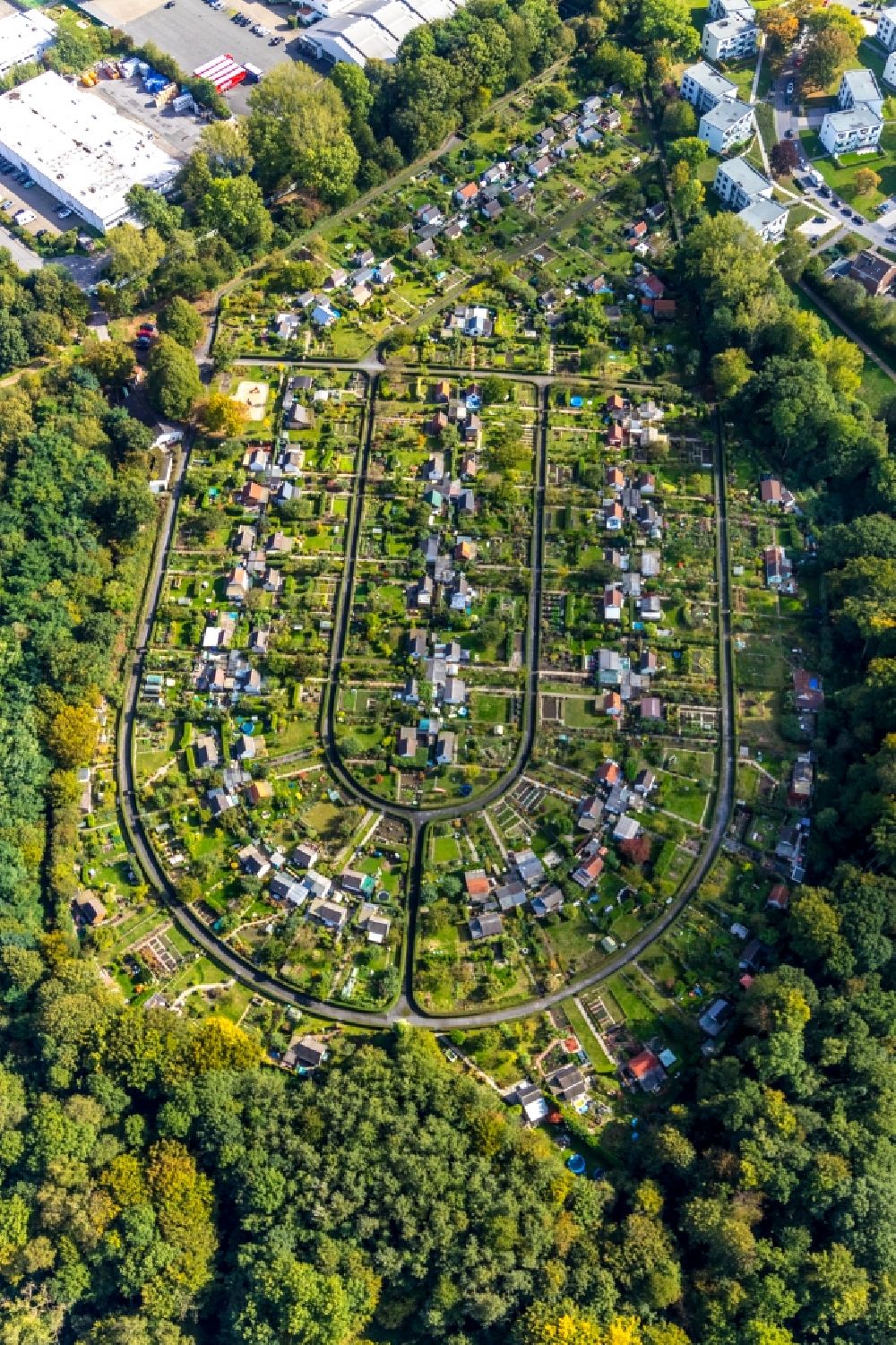 Aerial photograph Bochum - Allotments gardens plots of the association - the garden colony Kleingartenverein Rottmannshof e.V. on Harpener Heide in the district Grumme in Bochum in the state North Rhine-Westphalia, Germany