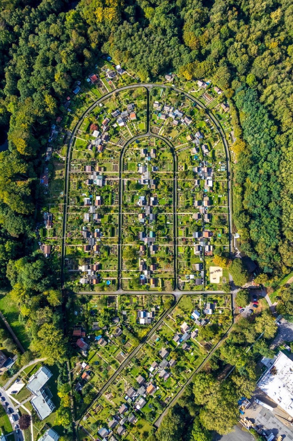 Bochum from above - Allotments gardens plots of the association - the garden colony Kleingartenverein Rottmannshof e.V. on Harpener Heide in the district Grumme in Bochum in the state North Rhine-Westphalia, Germany