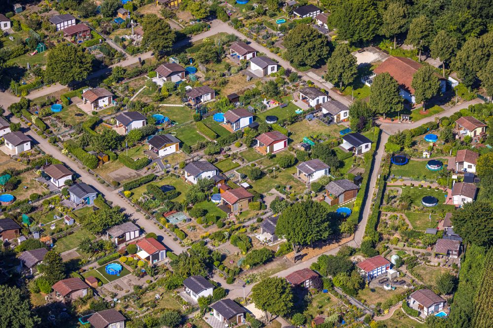 Gelsenkirchen from the bird's eye view: Allotments gardens plots of the association - the garden colony Kleingaertnerverein Erle Nord e.V. on street Birkenkamp in the district Erle in Gelsenkirchen at Ruhrgebiet in the state North Rhine-Westphalia, Germany