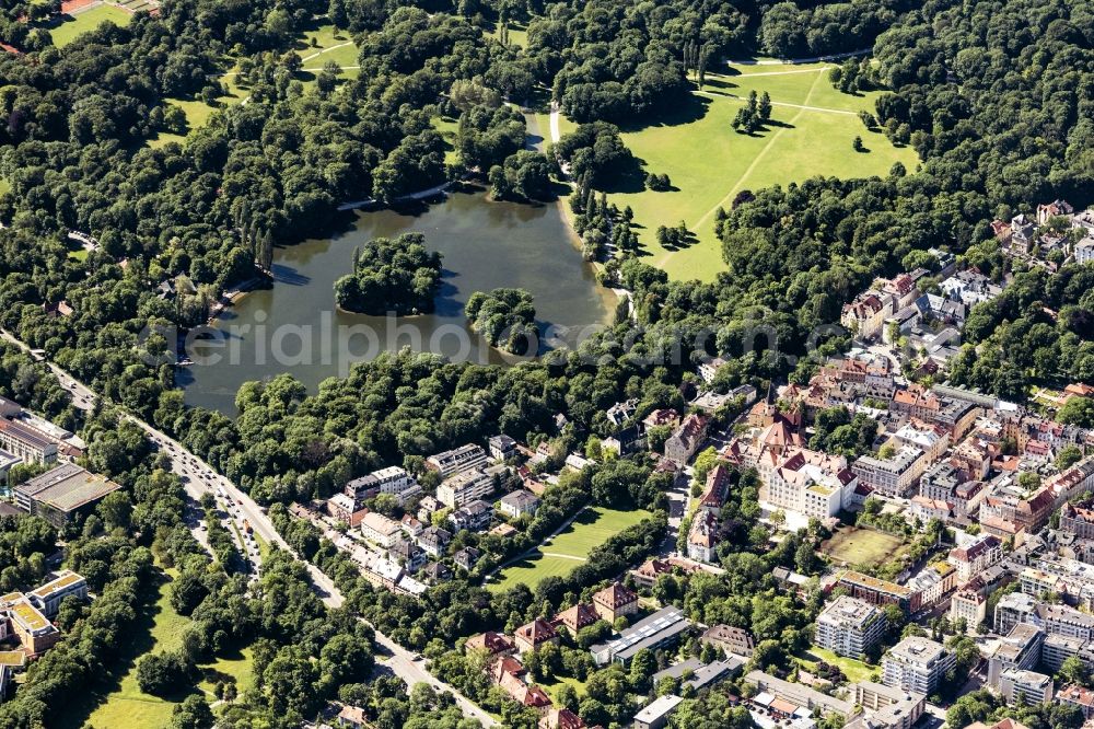 Aerial image München - Lake Kleinhesseloher See and islands in the middle part of the English Garden in Munich in the state of Bavaria