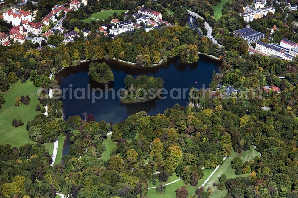 München from above - Lake Kleinhesseloher See and islands in the middle part of the English Garden in Munich in the state of Bavaria