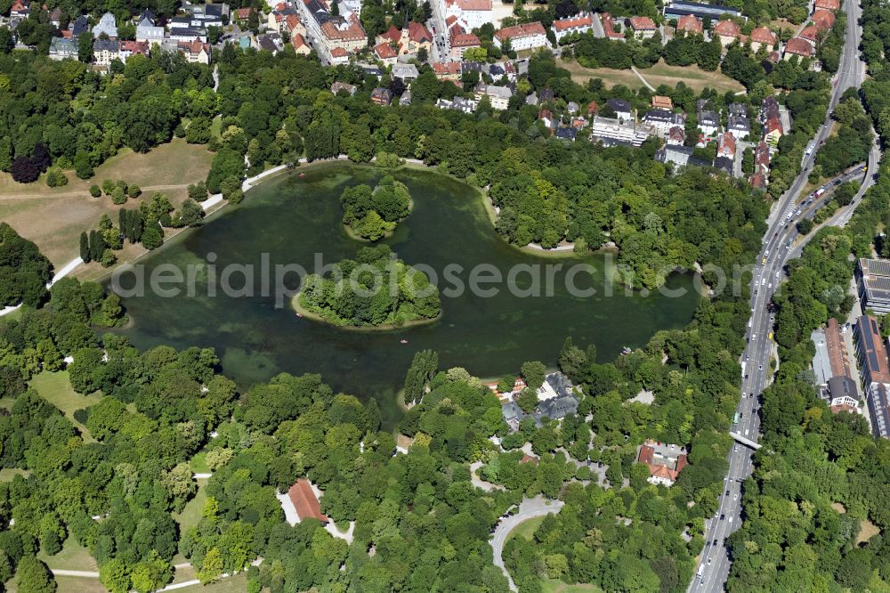 München from above - Lake Kleinhesseloher See and islands in the middle part of the English Garden in Munich in the state of Bavaria