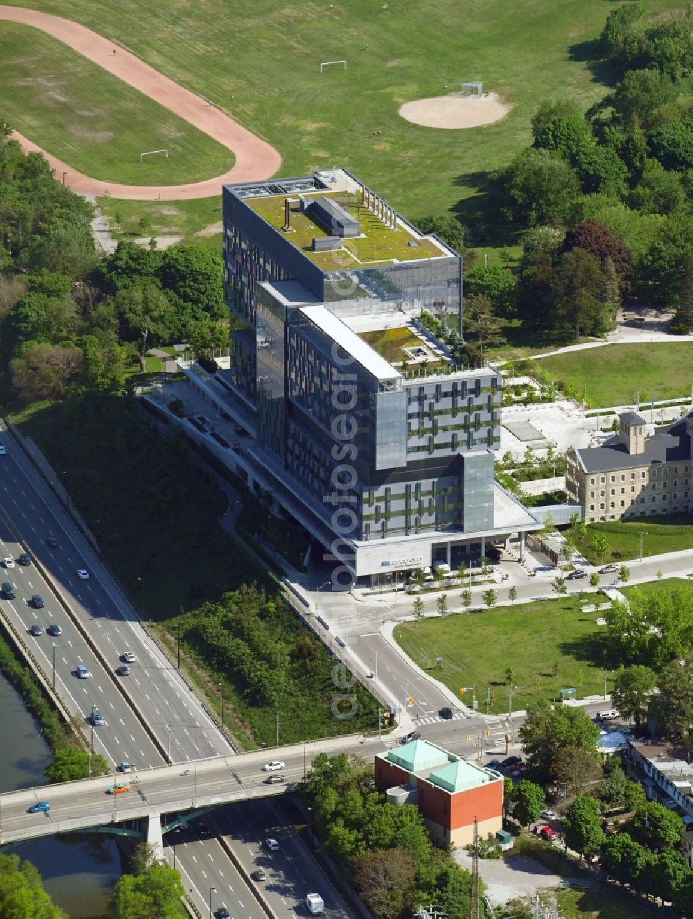 Toronto from the bird's eye view: Hospital grounds of the Clinic Bridgepoint Hospital on Jack Layton Way in Toronto in Ontario, Canada