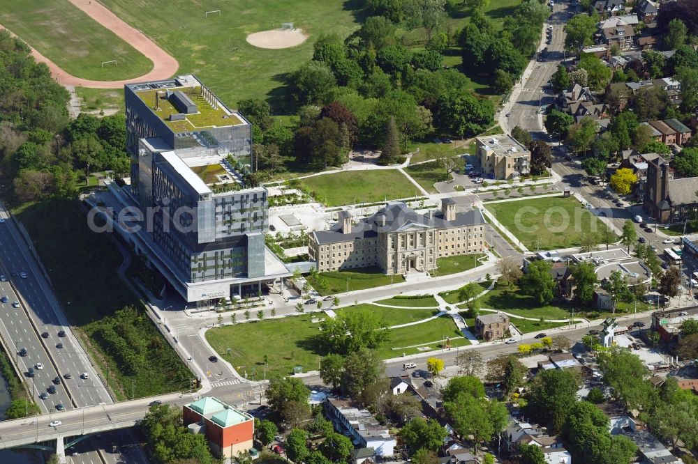 Aerial image Toronto - Hospital grounds of the Clinic Bridgepoint Hospital on Jack Layton Way in Toronto in Ontario, Canada