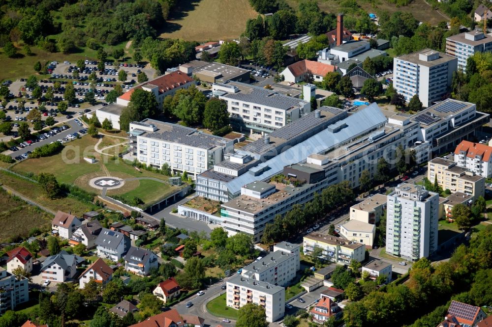 Bad Mergentheim from the bird's eye view: Hospital grounds of the Clinic Caritas-Krankenhaus Bad Mergentheim at the Uhlandstrasse in Bad Mergentheim in the state Baden-Wurttemberg, Germany