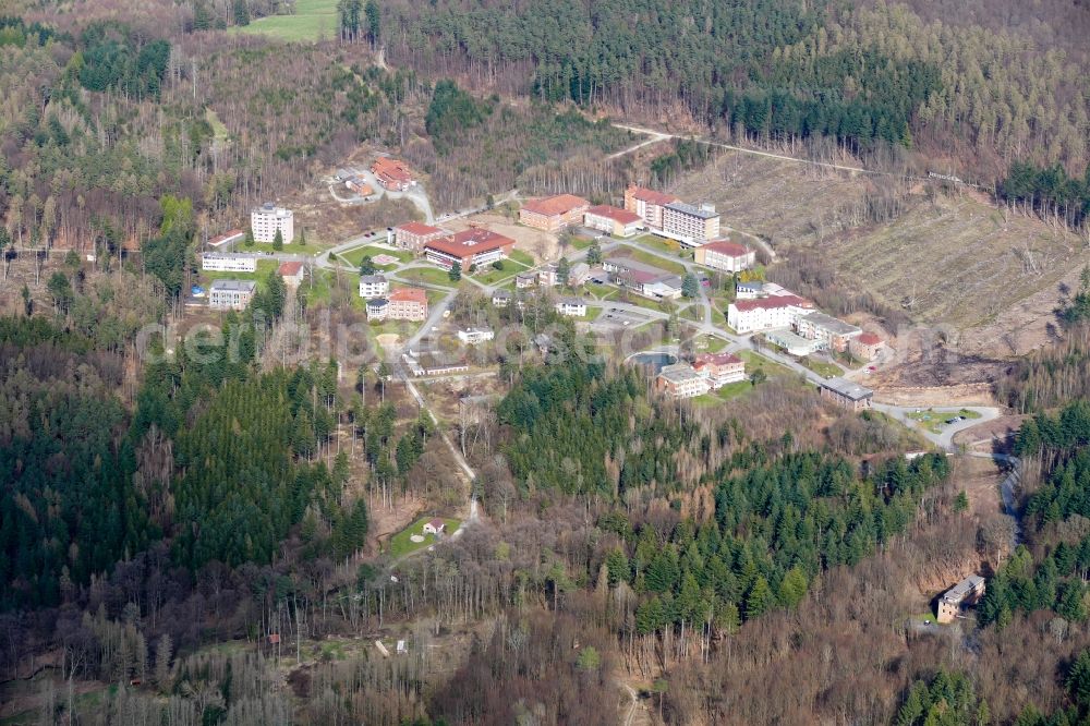 Aerial image Wahlsburg - Hospital grounds of the Clinic Klinik and Rehabilitationszentrum Lippoldsberg in the district Lippoldsberg in Wahlsburg in the state Hesse, Germany