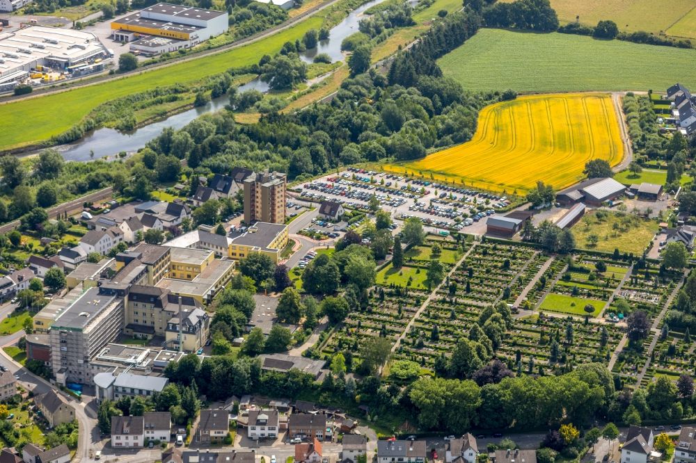 Aerial image Arnsberg - Hospital grounds of the Clinic Klinikum Hochsauerland Karolinen-Hospital Huesten in Arnsberg in the state North Rhine-Westphalia, Germany