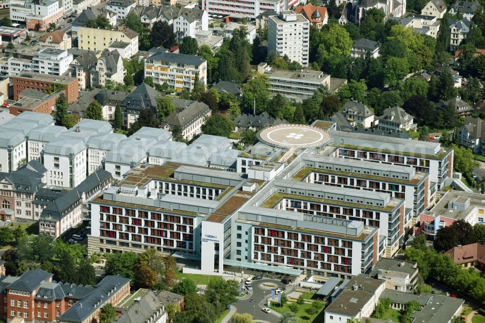 Gießen from the bird's eye view: Hospital grounds of the Clinic of Universitaetsklinikums Giessen and Marburg in Giessen in the state Hesse, Germany