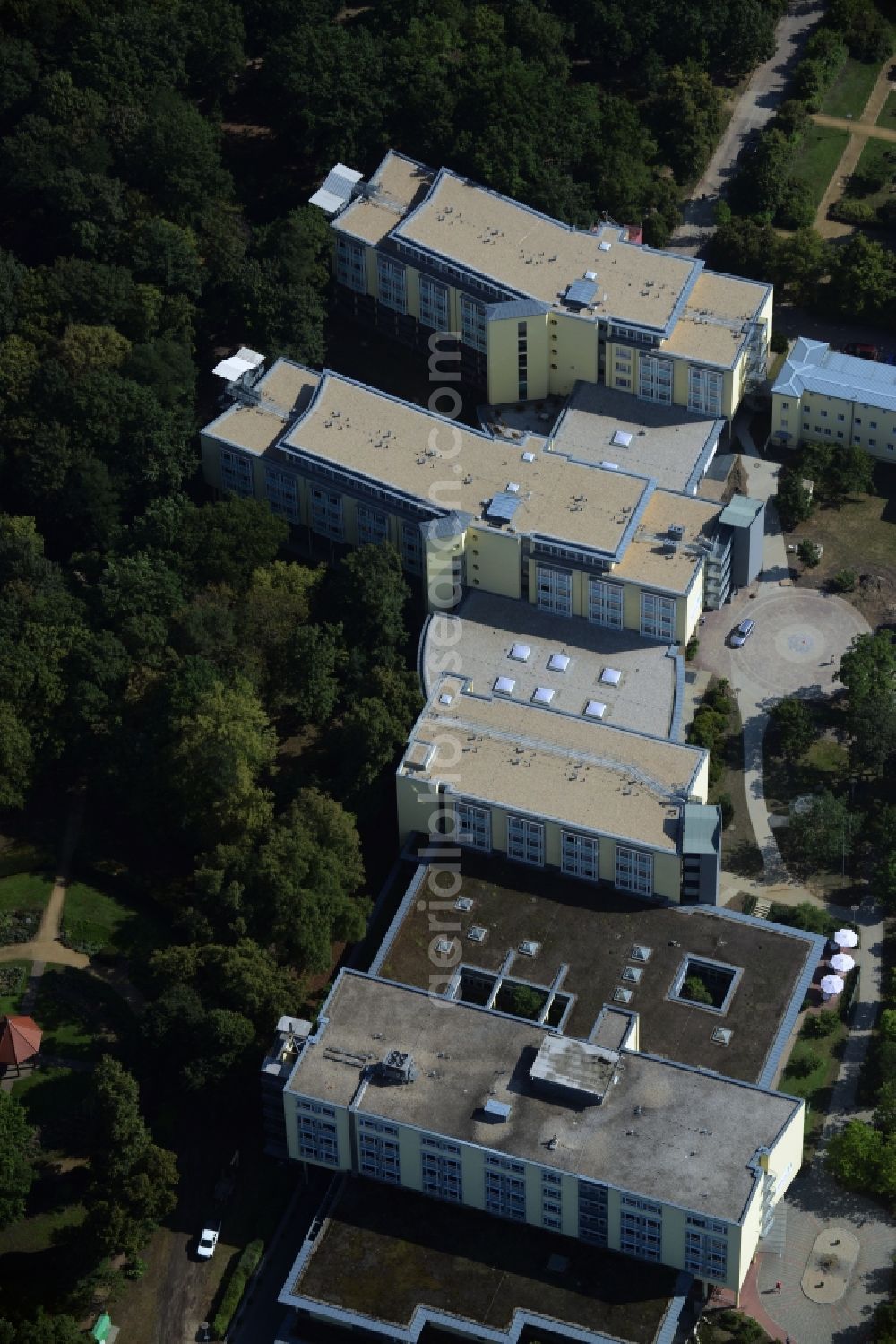 Bad Düben from above - Hospital grounds of the rehabilitation center of the clinic MediClin Waldkrankenhaus in Bad Dueben in the state of Saxony. The building complex and compound is located on Kur Park in the centre of the town