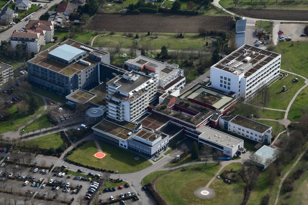 Bad Krozingen from above - Clinic building and grounds of the hospital University Heart Center in Bad Krozingen in the state Baden-Wurttemberg, Germany