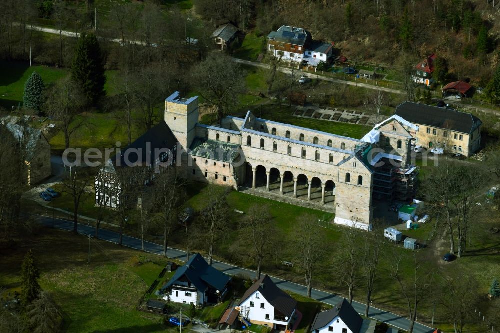 Paulinzella from the bird's eye view: Building complex of the former Benedictine monastery Paulinzella with a ruined church for renovation in Paulinzella in the state Thuringia, Germany