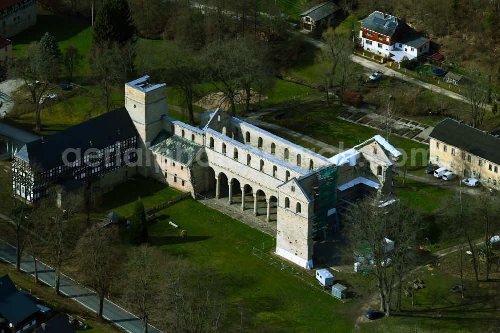 Aerial photograph Paulinzella - Building complex of the former Benedictine monastery Paulinzella with a ruined church for renovation in Paulinzella in the state Thuringia, Germany