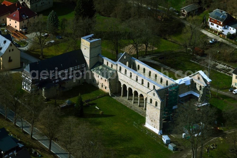 Paulinzella from above - Building complex of the former Benedictine monastery Paulinzella with a ruined church for renovation in Paulinzella in the state Thuringia, Germany