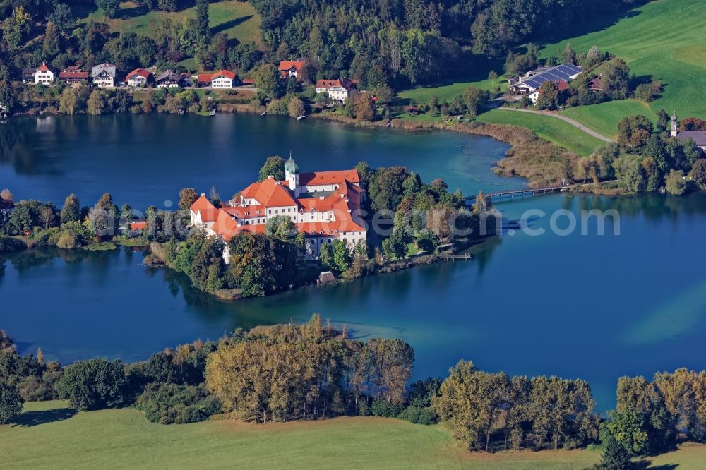 Seeon-Seebruck from above - The former Benedictine monastery Seeon on a peninsula of the Klostersee in Seeon in the state of Bavaria serves today as a conference hotel, cultural and educational center