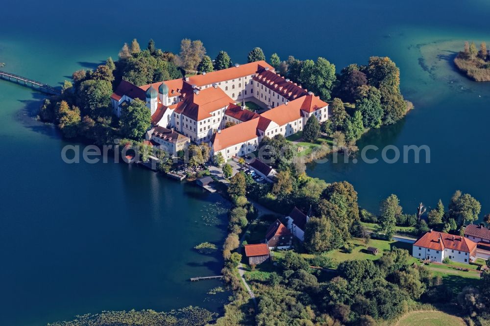 Seeon-Seebruck from the bird's eye view: The former Benedictine monastery Seeon on a peninsula of the Klostersee in Seeon in the state of Bavaria serves today as a conference hotel, cultural and educational center