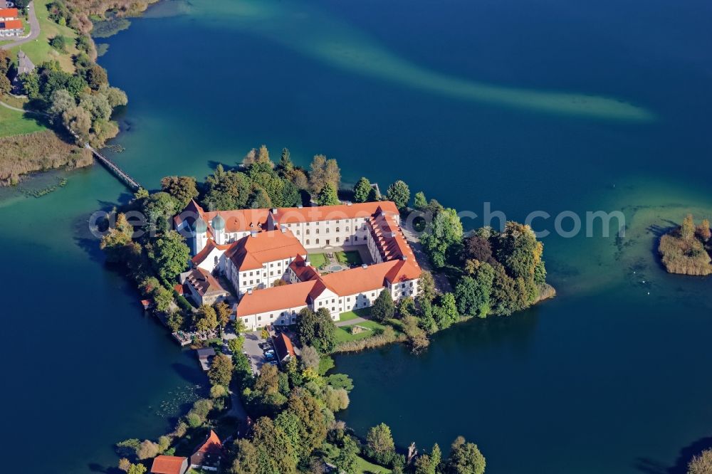 Aerial image Seeon-Seebruck - The former Benedictine monastery Seeon on a peninsula of the Klostersee in Seeon in the state of Bavaria serves today as a conference hotel, cultural and educational center