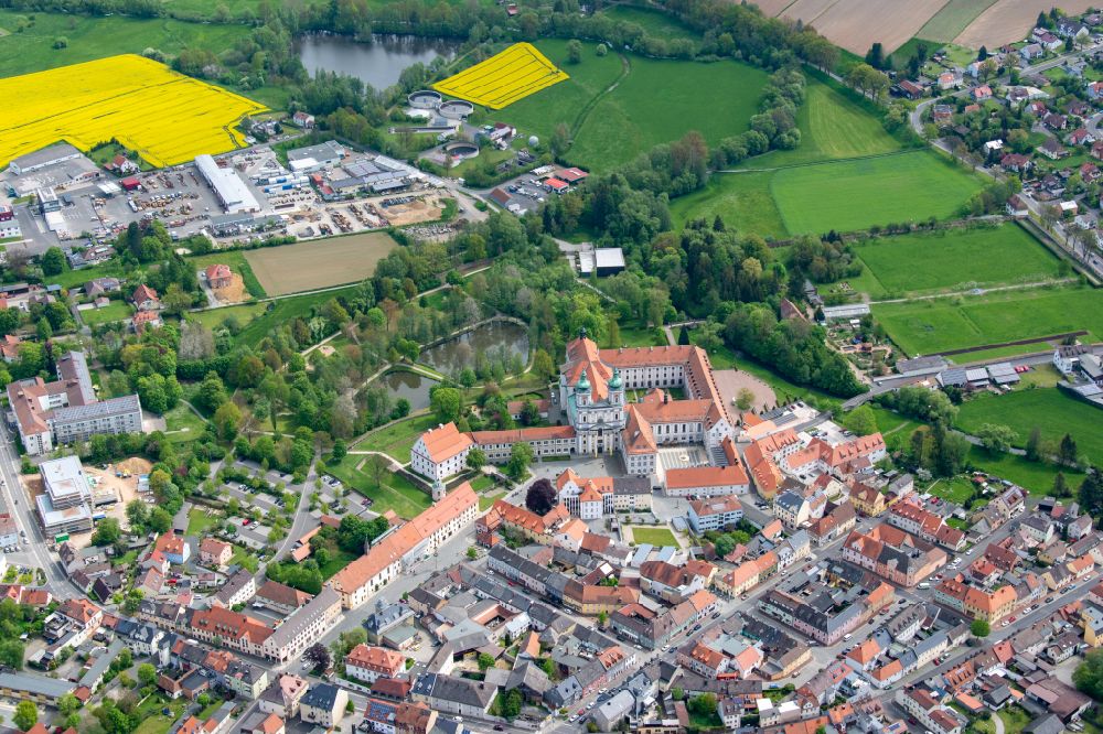 Waldsassen from above - Complex of buildings of the monastery Waldsassen on place Basilikaplatz in Waldsassen in the state Bavaria, Germany