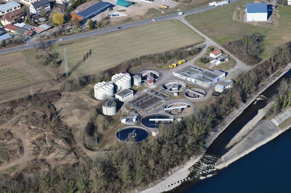 Albbruck from above - Sewage works basin and purification steps for waste water treatment in Albbruck in the state Baden-Wurttemberg, Germany
