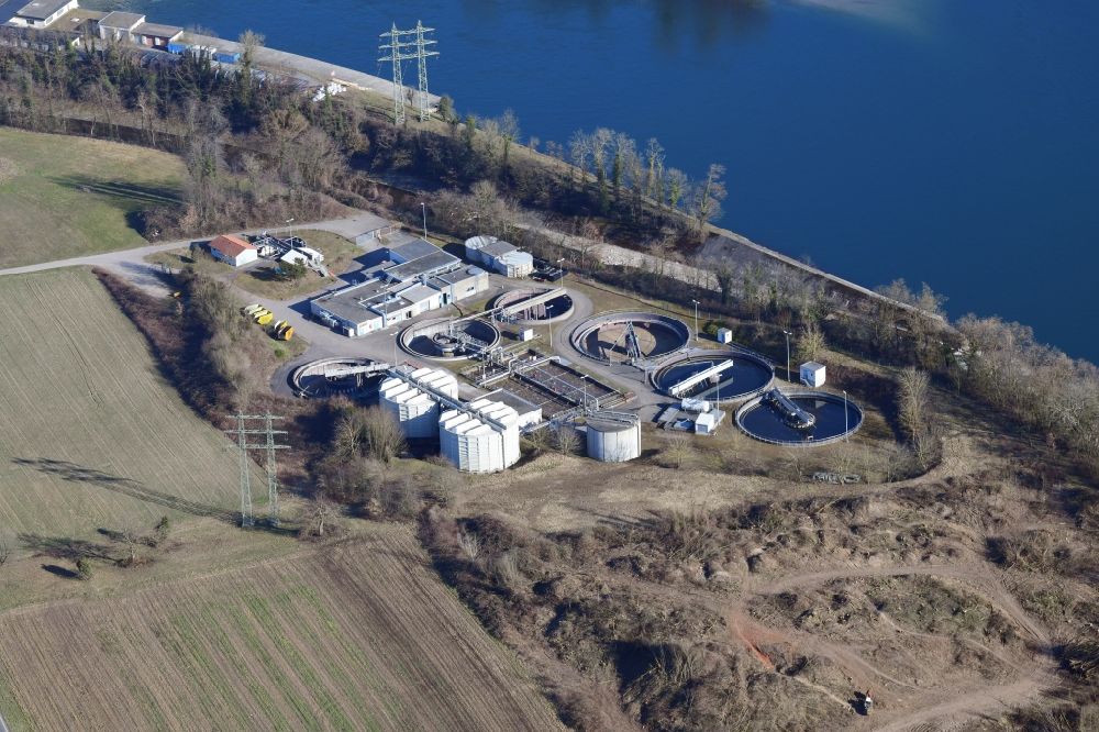 Albbruck from the bird's eye view: Sewage works basin and purification steps for waste water treatment in Albbruck at the river Rhine in the state Baden-Wurttemberg, Germany