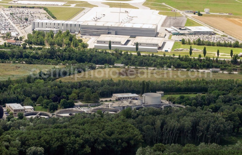 Aerial image Schwechat - Waste water treatment plant of the Abwasserverband Schwechat in front of Vienna International Airport in Schwechat in Lower Austria, Austria