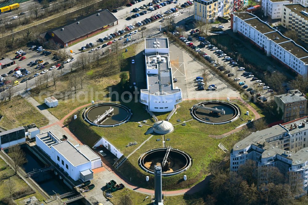 Berlin from above - Sewage works Basin and purification steps for waste water treatment on Buddestrasse in the district Tegel in Berlin, Germany