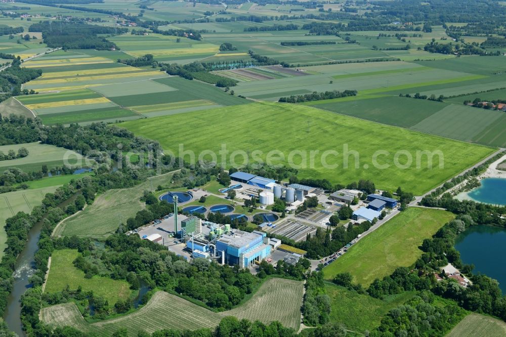 Olching from the bird's eye view: Wastewater treatment tanks and purification stages and the GfA waste-to-energy plant in Olching in the federal state of Bavaria, Germany