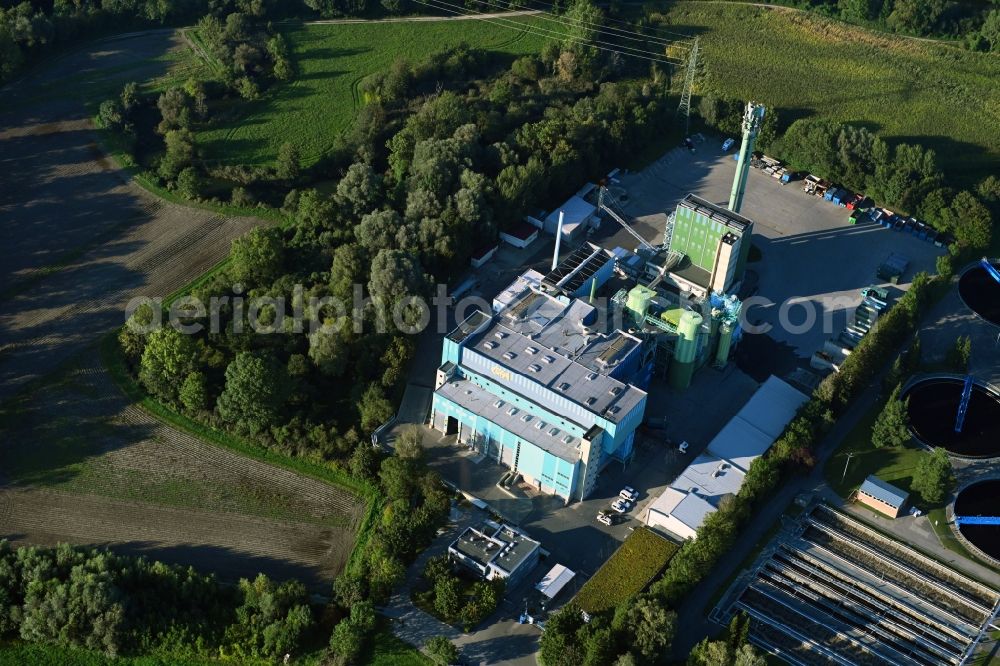 Olching from above - Wastewater treatment tanks and purification stages and the GfA waste-to-energy plant in Olching in the federal state of Bavaria, Germany