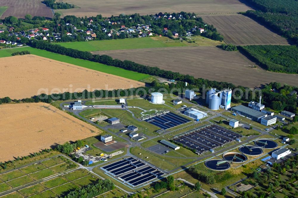 Münchehofe from above - Sewage works Basin and purification steps for waste water treatment in Muenchehofe in the state Brandenburg, Germany