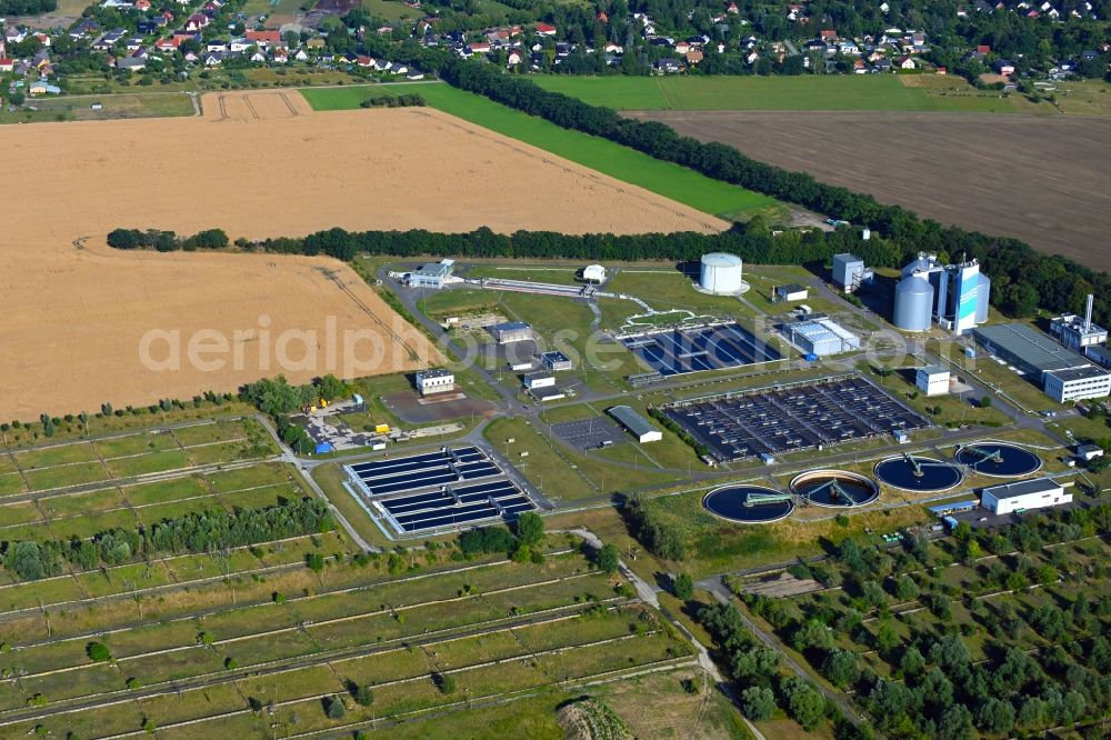 Münchehofe from the bird's eye view: Sewage works Basin and purification steps for waste water treatment in Muenchehofe in the state Brandenburg, Germany
