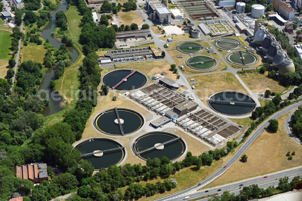 Nürnberg from above - Sewage works Basin and purification steps for waste water treatment on street Adolf-Braun-Strasse in the district Muggenhof in Nuremberg in the state Bavaria, Germany