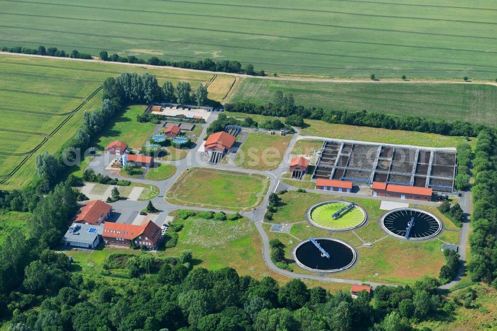Silstedt from above - Sewage works Basin and purification steps for waste water treatment in Silstedt in the state Saxony-Anhalt, Germany