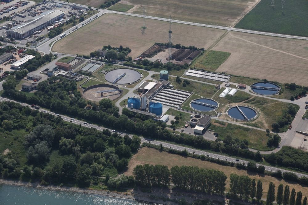 Aerial photograph Worms - Sewage works Basin and purification steps for waste water treatment of Stadt Worms in Worms in the state Rhineland-Palatinate, Germany