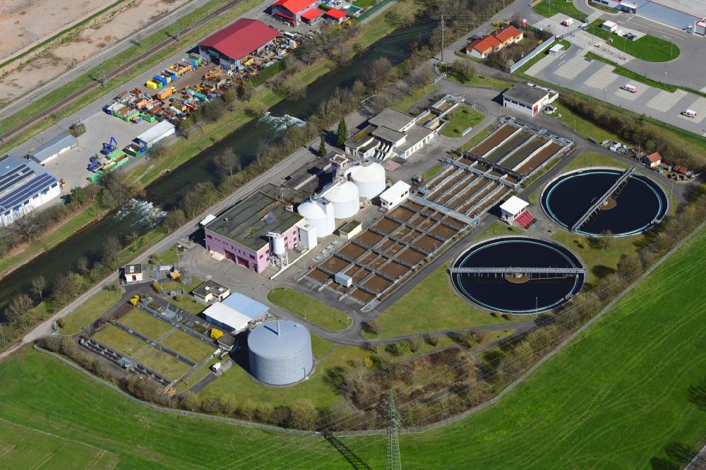 Steinen from the bird's eye view: Sewage works Basin and purification steps for waste water treatment in Steinen in the state Baden-Wuerttemberg, Germany