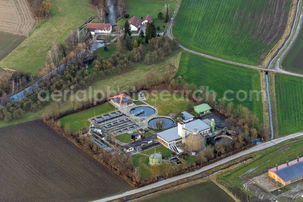 Neuried from above - Sewage works Basin and purification steps for waste water treatment Verbandsklaeranlage Neuried- Schutterwald in Neuried in the state Baden-Wuerttemberg, Germany