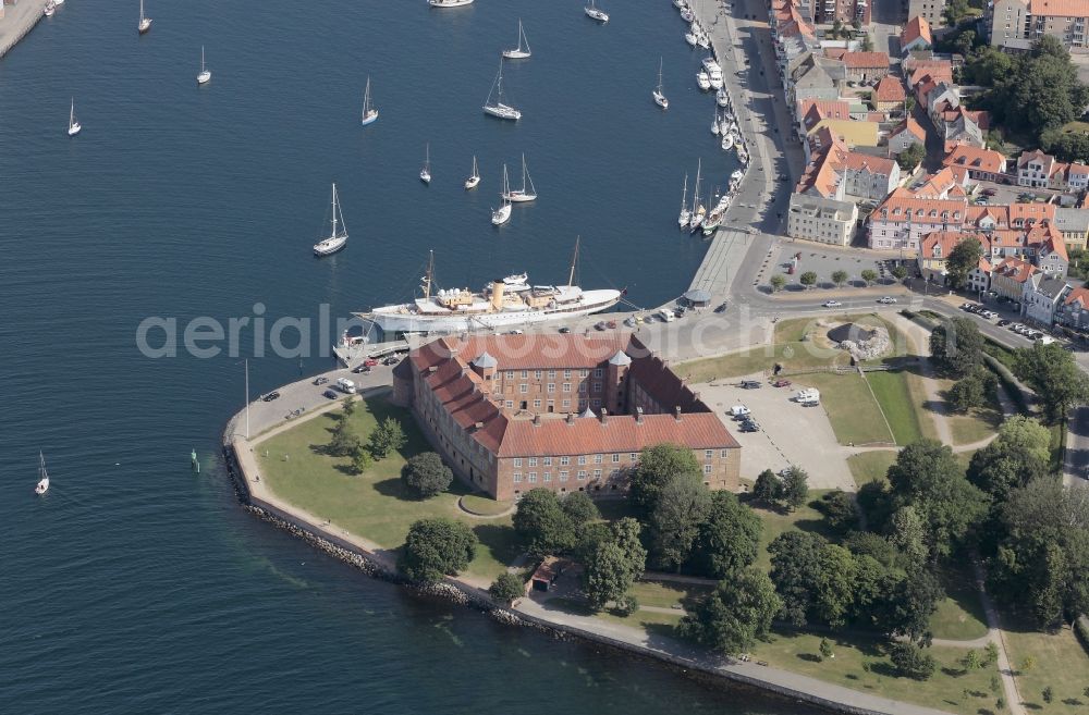 Sonderburg from above - Danish Yacht Dannebrog State at the dock in front of the castle Sønderborg in the Region Syddanmark in Denmark