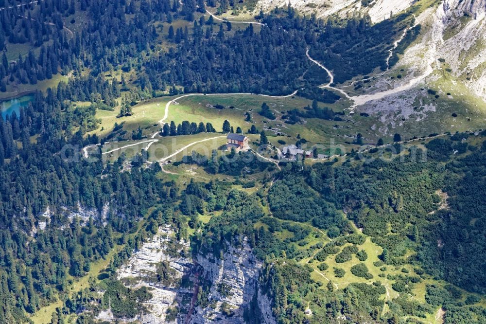 Aerial image Garmisch-Partenkirchen - King's House on Schachen south of Garmisch-Partenkirchen in the rocks and mountains of the Wetterstein mountains in the state of Bavaria. The castle made of wood was built by Koenig Ludwig