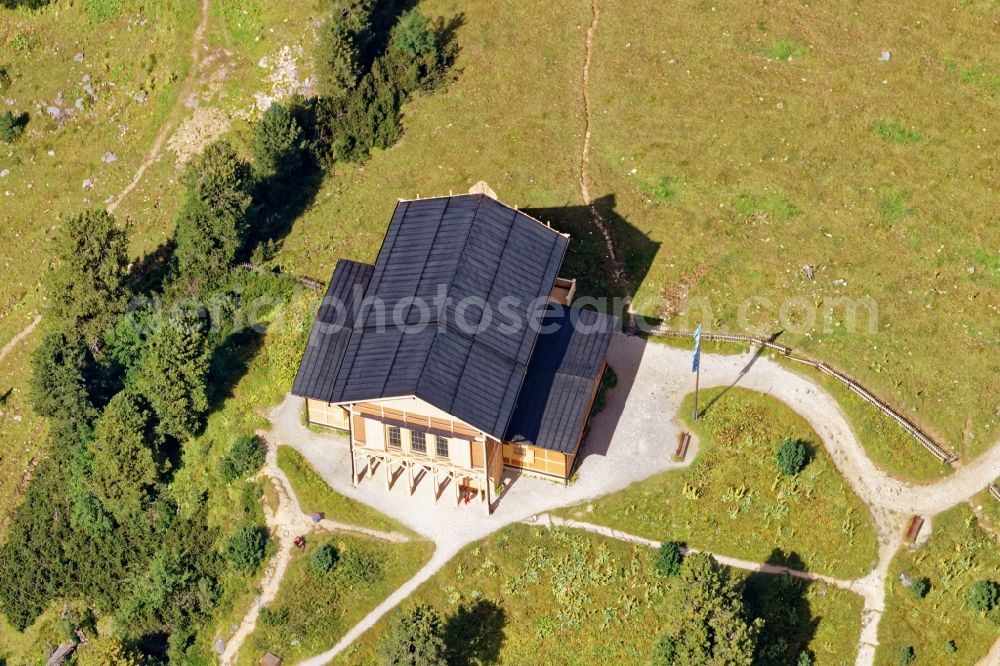 Aerial photograph Garmisch-Partenkirchen - King's House on Schachen south of Garmisch-Partenkirchen in the rocks and mountains of the Wetterstein mountains in the state of Bavaria. The castle made of wood was built by Koenig Ludwig