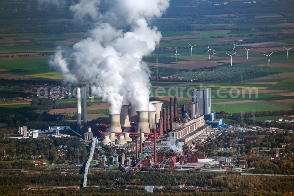 Niederaußem from above - Coal power plants of the RWE Power AG Kraftwerk Niederaussem in Bergheim in the state North Rhine-Westphalia, Germany