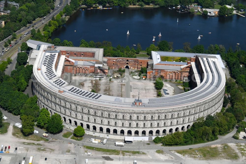Aerial photograph Nürnberg - The unfinished NS Congress Hall at the Reichsparteitags area in Nuernberg in the state Bavaria. The National Socialist Monumental Building on the Dutzendteich is home to the Documentation Center and is a protected monument