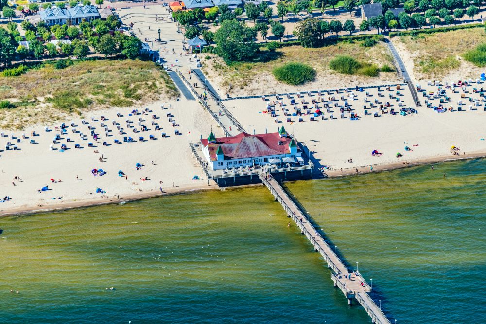 Seebad Heringsdorf from above - Running surfaces and construction of the pier over the water surface . in Heringsdorf on the island of Usedom in the state Mecklenburg - Western Pomerania, Germany