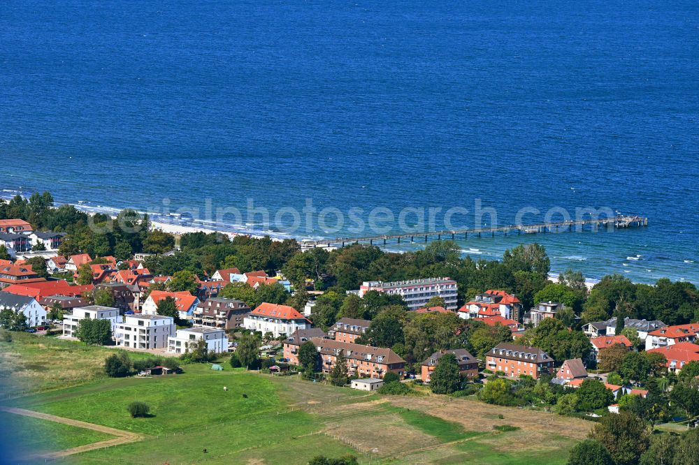 Ostseebad Boltenhagen from the bird's eye view: Running surfaces and construction of the pier over the water surface . in Ostseebad Boltenhagen at the baltic sea coast in the state Mecklenburg - Western Pomerania, Germany