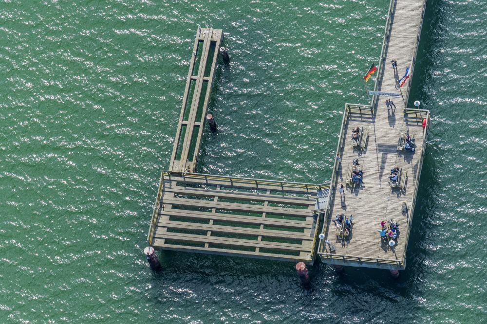 Prerow from the bird's eye view: Running surfaces and construction of the pier over the water surface . in Prerow in the state Mecklenburg - Western Pomerania, Germany