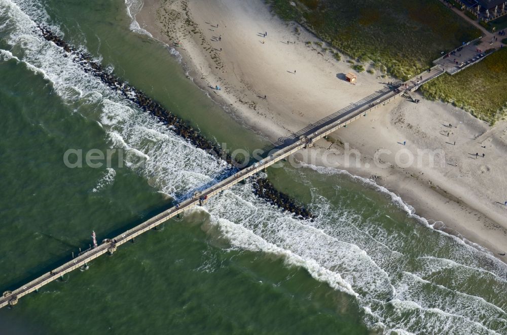 Wustrow from the bird's eye view: Running surfaces and construction of the pier over the water surface . in Wustrow in the state Mecklenburg - Western Pomerania, Germany
