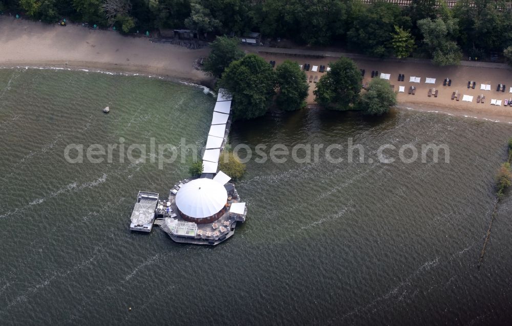 Caputh from above - Running surfaces and construction of the pier Al Faro over the water surface in Caputh in the state Brandenburg, Germany