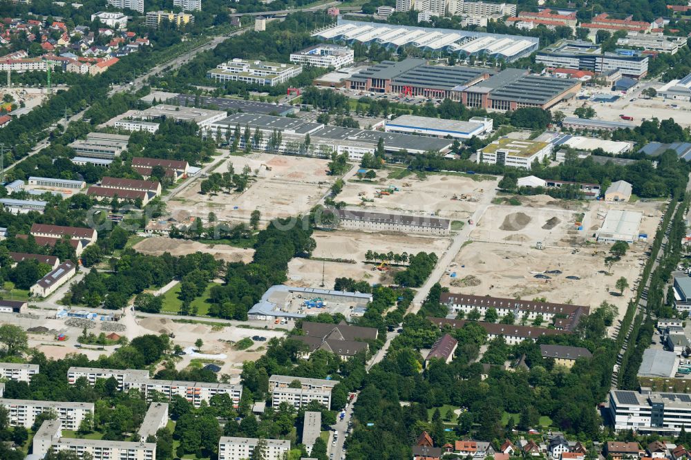 Aerial photograph München - Construction site to build two schools on the site of the former Bayern barracks in the Schwabing-Freimann district in Munich in the state Bavaria, Germany