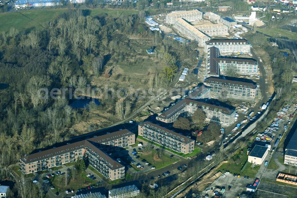 Aerial image Bernau - Construction site for the renovation and reconstruction of the building complex of the former military barracks Sanierungsgebiet Panke-Park on Schoenfelder Weg in Bernau in the state Brandenburg, Germany